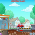 Red cartoon car jumping over obstacle in addictive game.