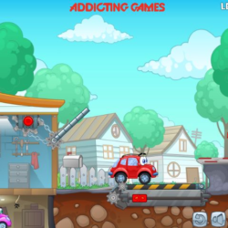 Red cartoon car jumping over a ramp in a colorful, playful game scene.