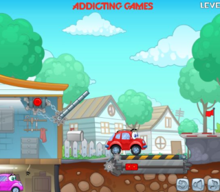 Red cartoon car jumping over a ramp in a colorful, playful game scene.