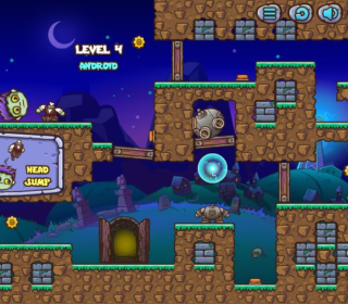 Cute zombie character jumping over platforms in a nighttime-themed pixel art game.