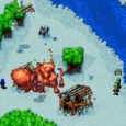 Pixel art of a battle scene with characters fighting a large creature near a river.