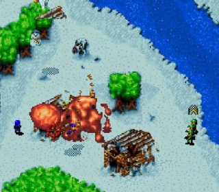 Pixel art of a battle scene with characters fighting a large creature near a river.