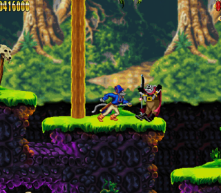 A heroic knight battles a menacing panda boss in a vibrant fantasy forest game scene.