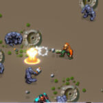 Explosive combat scene with soldiers fighting robotic enemies in a pixel art style.