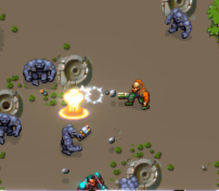Explosive action in a classic pixelated arcade shooter with enemies and gunfire.