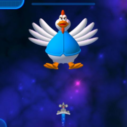 Chicken character in space-themed mini-game, colorful galaxy background, and arcade-style gameplay.