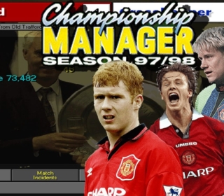 Vintage Manchester United football players celebrating match victory during 1997/98 season.