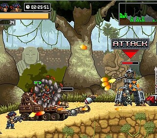 Explosive warfare with tanks and soldiers in pixel art jungle battlefield.