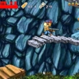 Shooting game with pixelated characters on rocky mountain platform.