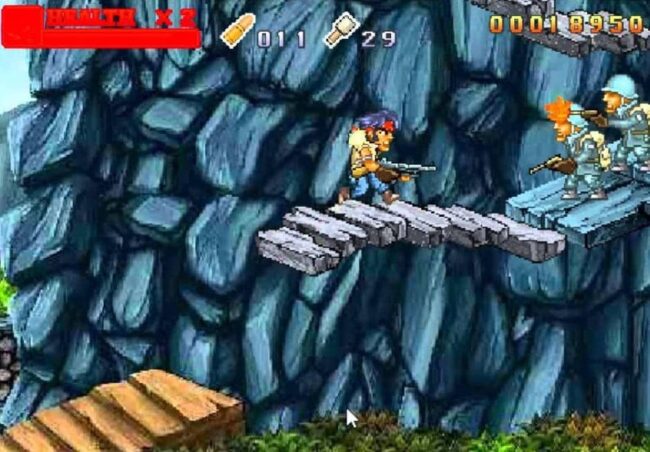 Shooting game with pixelated characters on rocky mountain platform.