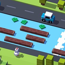 Colorful pixelated chicken crossing game with floating platforms on a river.
