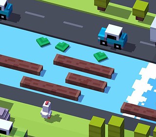 Colorful pixelated chicken crossing game with floating platforms on a river.