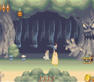 1. Pixel art forest scene from a classic adventure game with a dragon and treasure chest.