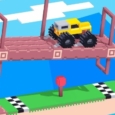 Small yellow monster truck on pink block puzzle platform in a colorful voxel-style game scene.