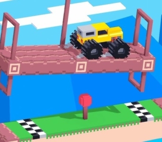 Colorful pixelated monster truck on a pink suspension bridge obstacle in a fun 3D racing game.