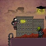 Explosive battle between a human and an alien in a dark urban setting, featuring shooting action and a dystopian atmosphere.