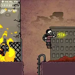 Explosive battle between a human and an alien in a dark urban setting, featuring shooting action and a dystopian atmosphere.