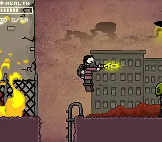 Explosive battle between a human and an alien in a dark urban setting, featuring shooting action and a dystopian atmosphere.