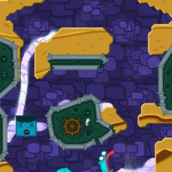 Colorful water pipe puzzle with cartoon monsters and water streams in a vibrant game setting.