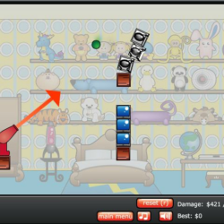 Colorful cartoon-style game with stacked blocks and a character aiming with a cannon.