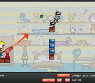 Colorful cartoon-style game with stacked blocks and a character aiming with a cannon.