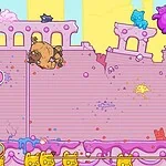 Dog throwing projectile at cats in a colorful cartoon castle game.
