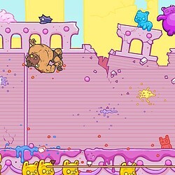 Dog throwing projectile at cats in a colorful cartoon castle game.