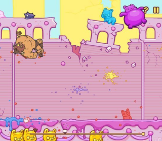 Dog throwing projectile at cats in a colorful cartoon castle game.