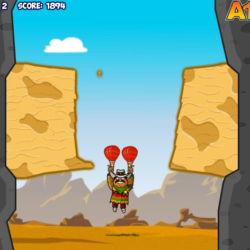 Colorful Cartoon Climber with Hot Air Balloons and Rocky Cliffs.