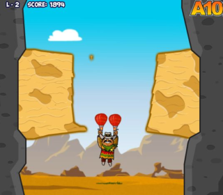 Colorful Cartoon Climber with Hot Air Balloons and Rocky Cliffs.