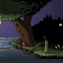 A peaceful night scene by the water with a large tree, moonlit sky, and a cozy house in the background.