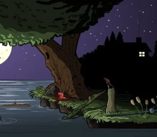 A peaceful night scene by the water with a large tree, moonlit sky, and a cozy house in the background.