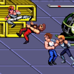 Old School Beat 'Em Up Video Game Scene with Pixelated Characters and Helicopter.