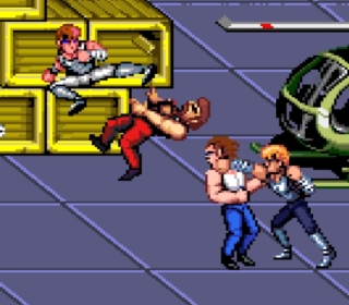 Old School Beat 'Em Up Video Game Scene with Pixelated Characters and Helicopter.
