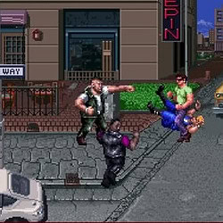 Fighting street scene with characters on sidewalk, pixel art, urban environment, and street sign.