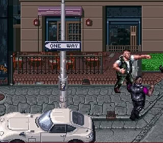 Fighting street scene with characters on sidewalk, pixel art, urban environment, and street sign.