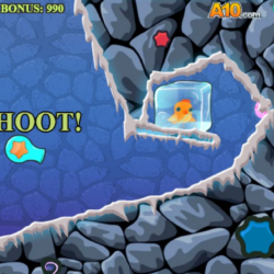 1. Cute duck in ice cube trapped in an icy cave with star-shaped targets.