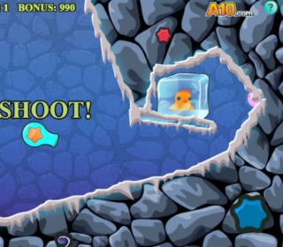1. Cute duck in ice cube trapped in an icy cave with star-shaped targets.