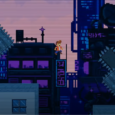 Pixel art cityscape with a person standing on rooftop in a retro-style game scene.