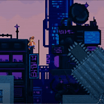 Pixel art cityscape with a person standing on rooftop in a retro-style game scene.