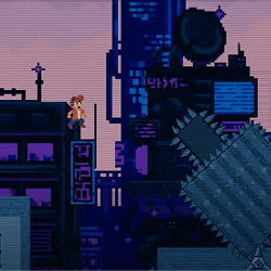 Highly detailed pixel art of a cyberpunk cityscape with a running character.