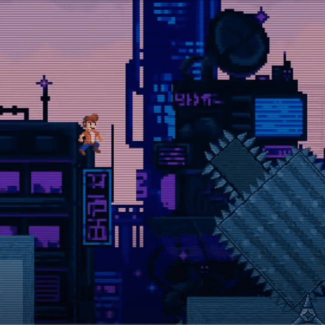 Pixel art cityscape with a person standing on rooftop in a retro-style game scene.