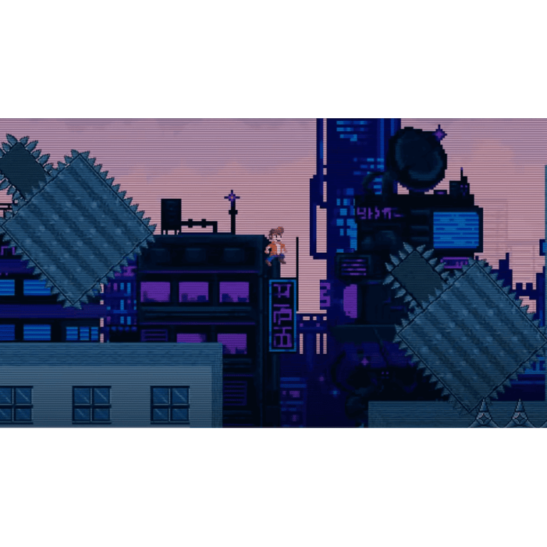Pixel art cityscape with a person standing on rooftop in a retro-style game scene.