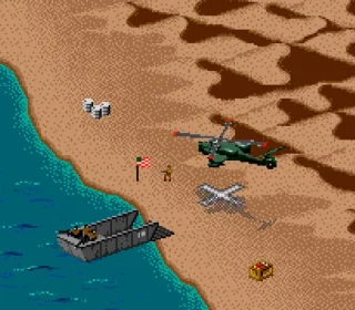 1. Pixelated military beach scene with a helicopter, boat, and weapons.