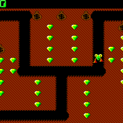 Shiny green gems and treasure chests in a maze game with monsters on a pixelated dungeon map.