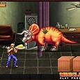 Skilled fighter battles a giant dinosaur in a dark, cluttered room during intense combat.