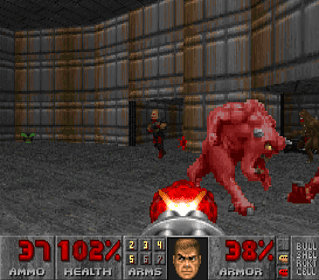 Doom Eternal gameplay screenshot featuring a demonic creature and a player with a shotgun.