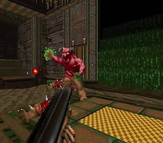 Classic first-person shooter game scene featuring a grotesque monster and intense combat action.