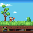 Pixel art game featuring a dog and a duck in a grassy landscape.