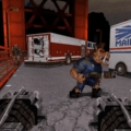 Vandalized city scene from Urban Justice game, pixelated with guns and chaos.